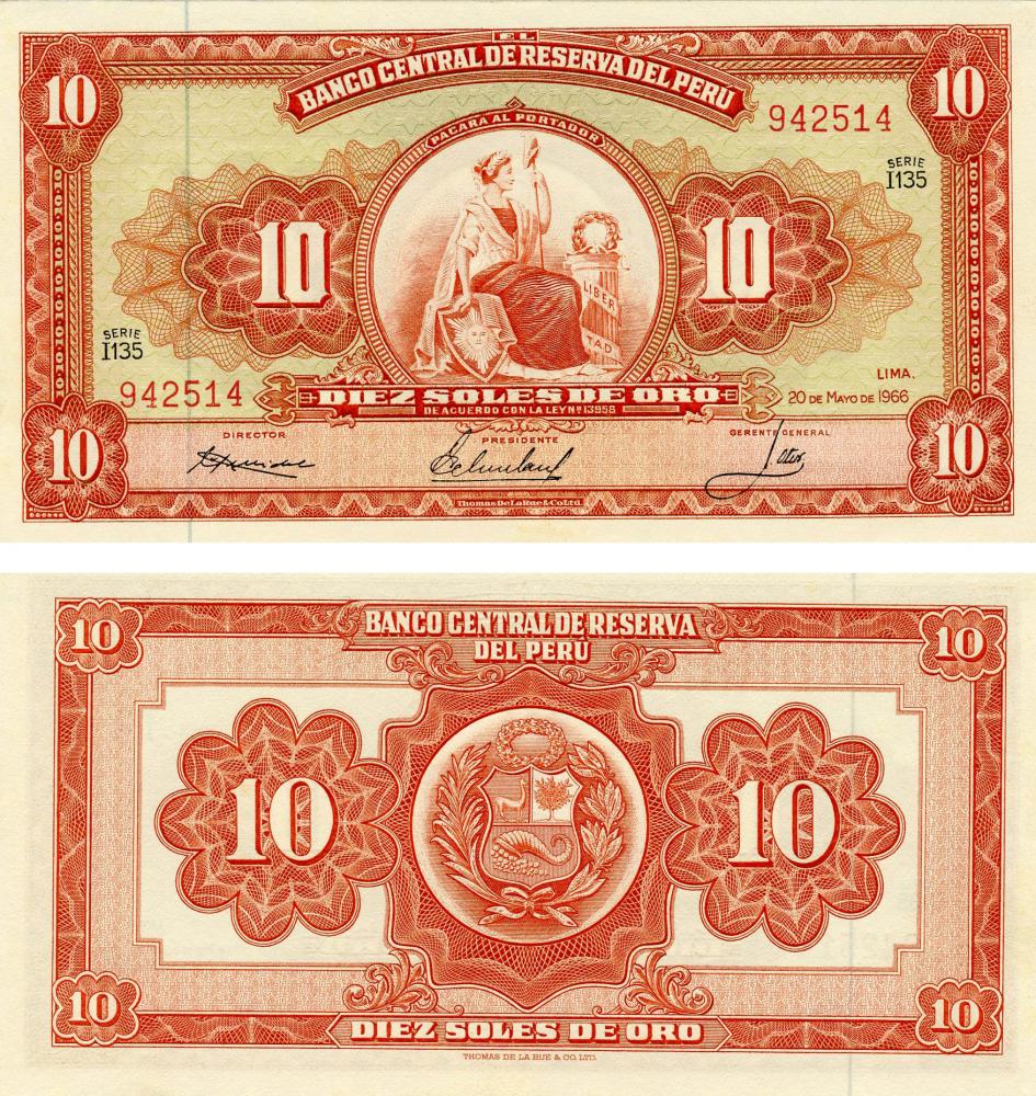 Коллекционная банкнота Перу 10 соль 1966 AU-UNC P84 (Б12973)