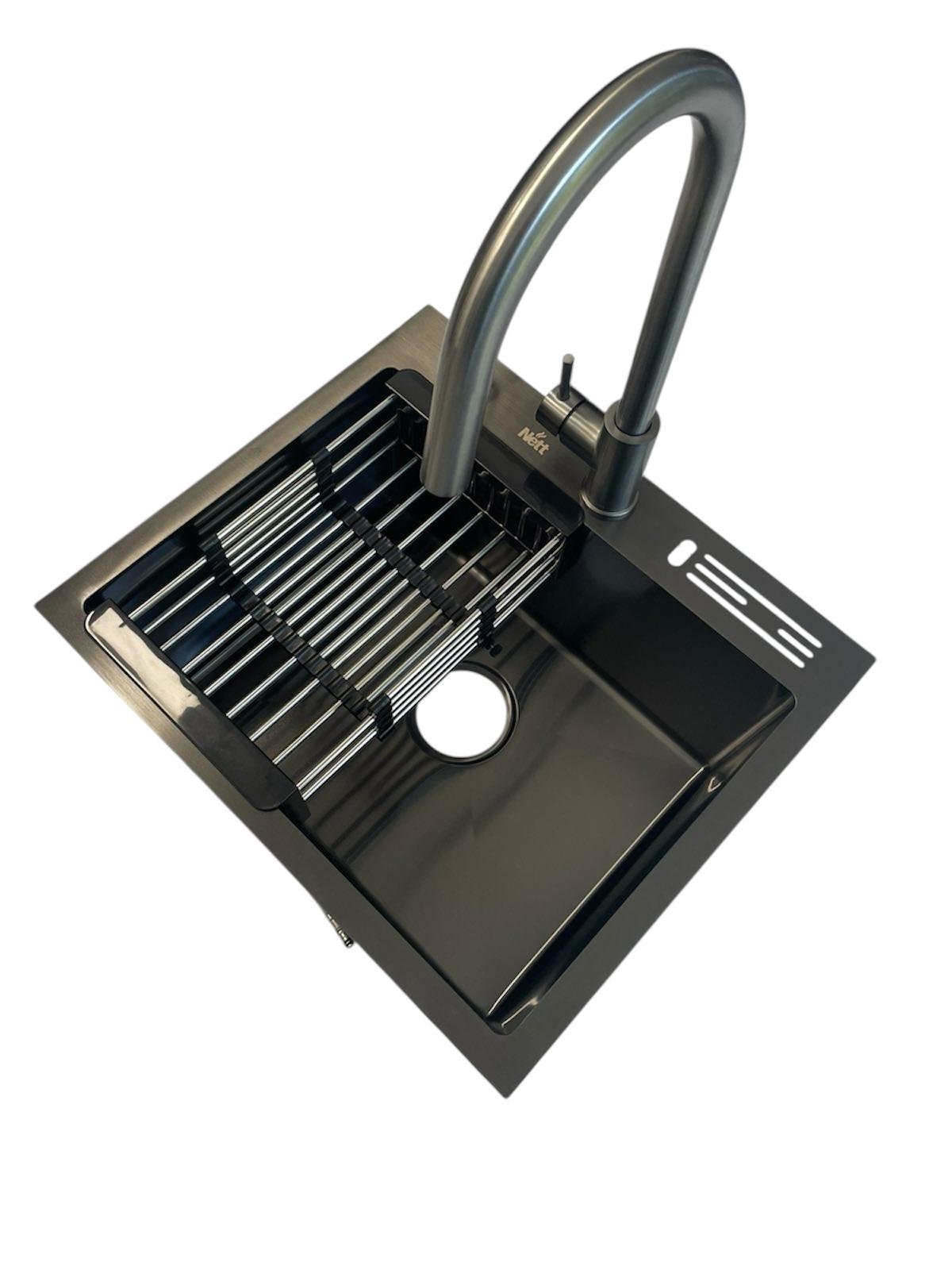 Мойка кухонная Nett NB-5245 из нержавеющей стали и смеситель с выдвижным изливом Kroner-PVD03915 Черный Мойка кухонная Nett NB-5245 из нержавеющей стали и смеситель с выдвижным изливом Kroner-PVD03915 Черный