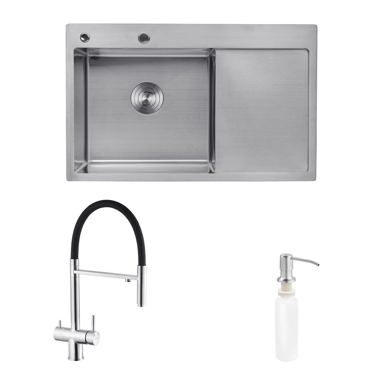 Комплект кухонная мойка Kroner Gebürstet-7849LHM/смеситель Edelstahl Klassisch-ESG03815BLK/дозатор (2739014411)