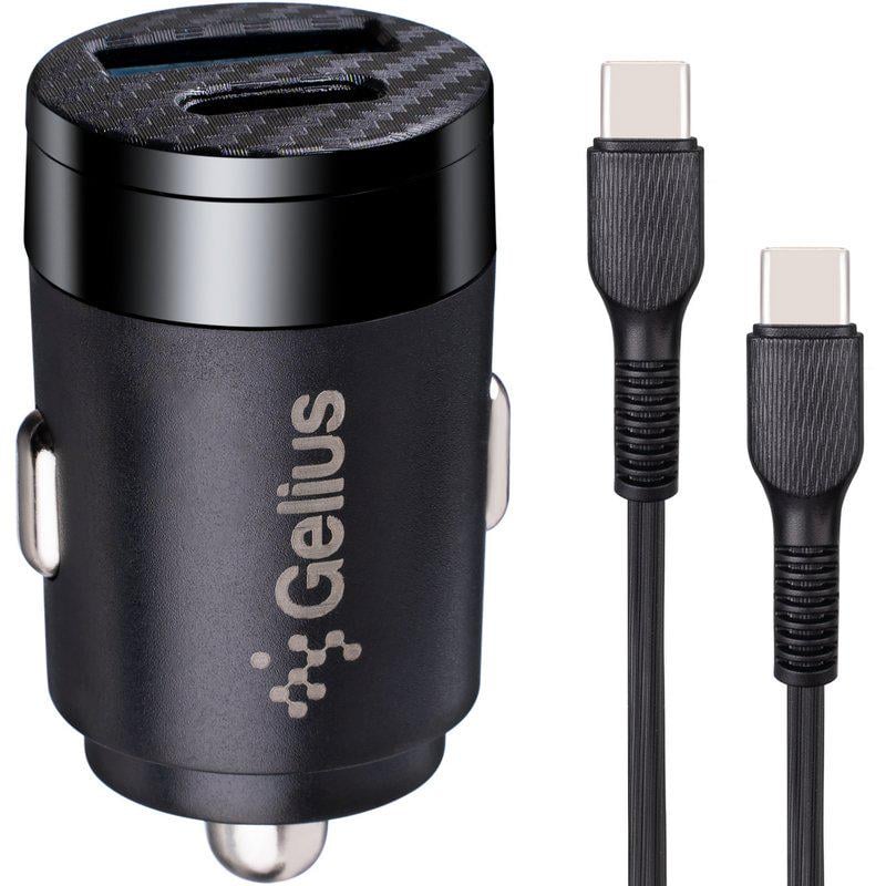 Зарядний пристрій автомобільний Gelius Inch Twix USB+Type-C QC/PD 30 Watt та кабель Type-C/Type-C Black - фото 1