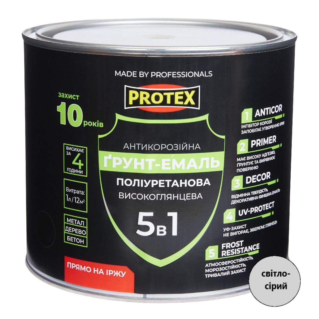 Грунт-эмаль 5в1 полиуретановая для металла глянцевая PROTEX 2,4 кг 2,1 л RAL 7047 Светло-серый (3014750529)