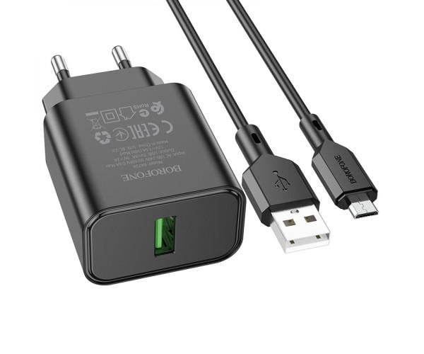 Устройство сетевое зарядное Borofone BA72A Spring USB QC3.0 USB-MicroUSB Black