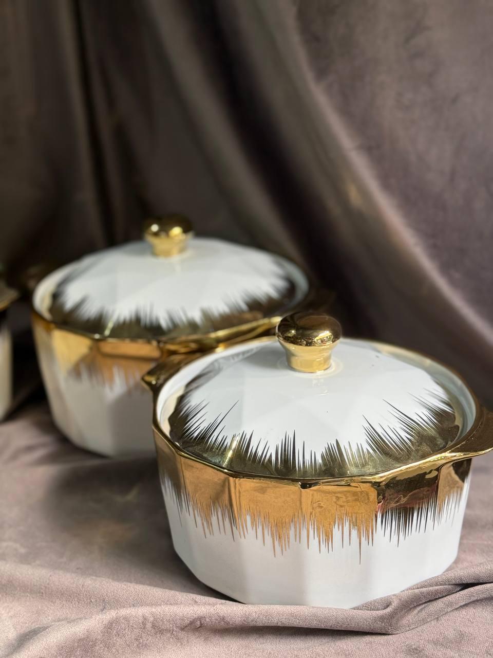 Набор супниц Yiwu ML-T26-3 фарфоровых 3 шт. 1,5/2/3 л Белый с золотым (29919086) - фото 3