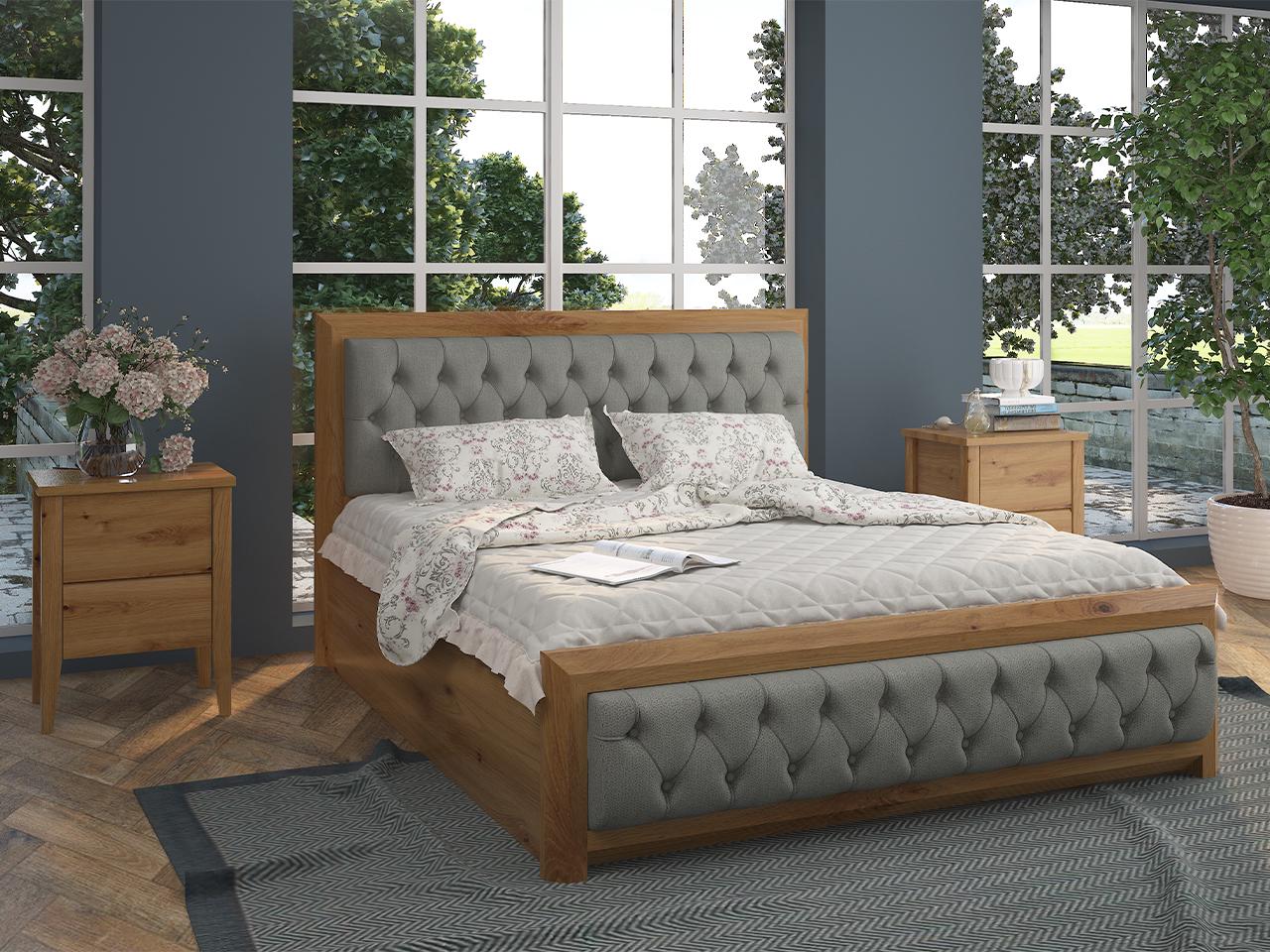 Кровать двуспальная MebiGrand Барселона Люкс Б3 с мягким изголовьем Аляска 08 180x200 см Орех светлый/Серый (51842)