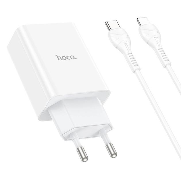 Устройство сетевое зарядное Hoco C99A PD20W QC3.0 1 USB/2Type-C/3A с кабелем для зарядки Type-C/Lightning Белый - фото 5