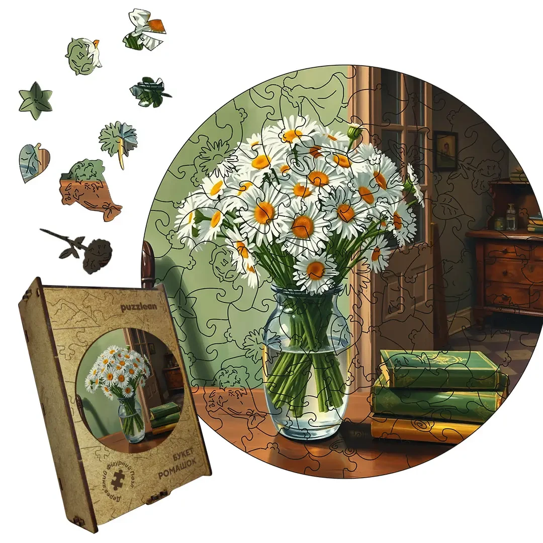 Пазл деревянный Букет Ромашек А5 35 ​​деталей картонная коробка 14х14 см