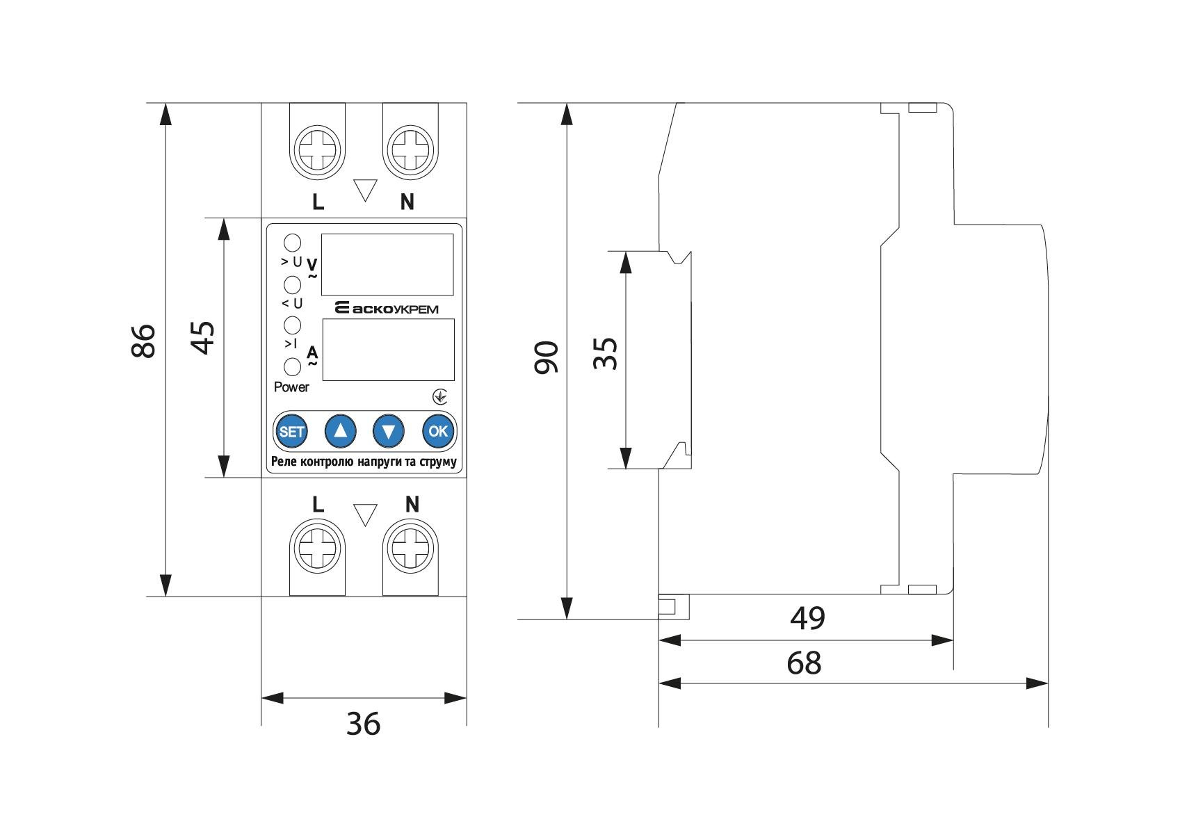 Реле контроля напряжения и тока АСКО-УКРЕМ RKV 63А 2P A0010230002 - фото 3