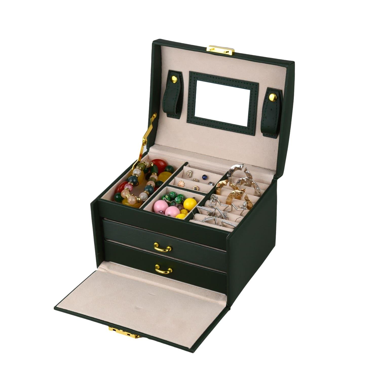 Шкатулка для украшений с зеркалом и ящичками 18х14х12.5 экокожа 12х12х5 см Зеленый (ШДД-13-2) - фото 1
