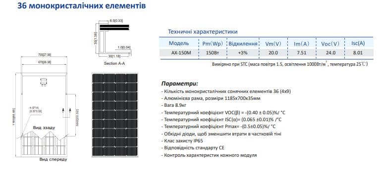 Солнечная батарея монокристаллическая Axioma Energy AX-150M 150 Вт (730936667-1) - фото 3