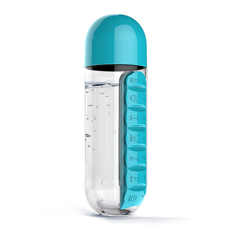 Бутылка для воды Pill Vitamin Water Bottle со съемной таблетницей и шрифтом Брайля Голубой