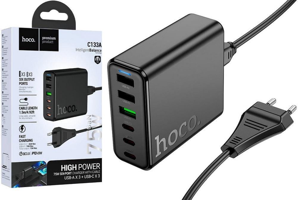 Зарядний пристрій швидкий Hoco C133A QC3.0 3A 75W 3 USB/3 Type C Black (36772) Зарядний пристрій швидкий Hoco C133A QC3.0 3A 75W 3 USB/3 Type C Black (36772)