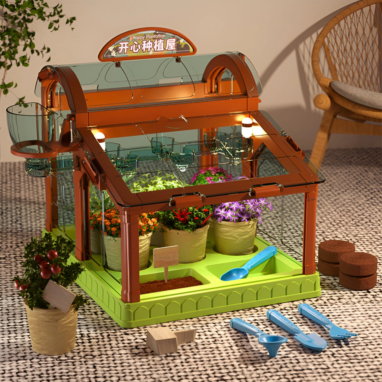 Комплект детский для садоводства с мини-теплицей/системой капельного полива и подсветкой.
