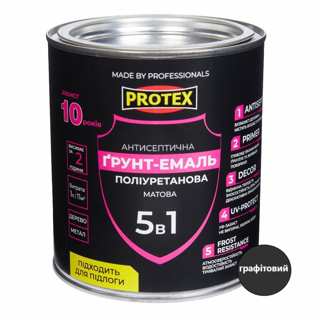Грунт-эмаль полиуретановая для дерева матовая PROTEX 5в1 0,8 кг 670 мл RAL 7024 Графитовый