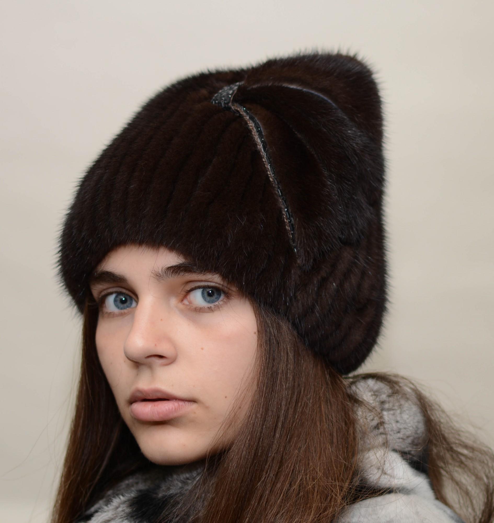 Женская вязаная шапка Меховой стиль Кися из натурального меха норки XL-XXL Коричневый (127)