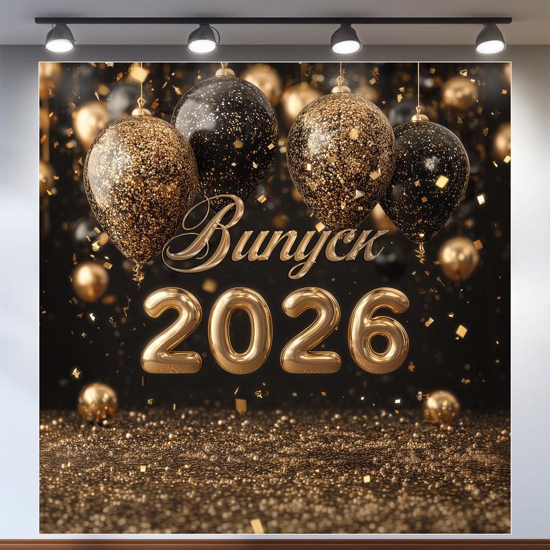 Баннер для фотозоны "Випуск 2026" с золотыми 3D цифрами и блестками черный 120x120 см №41064