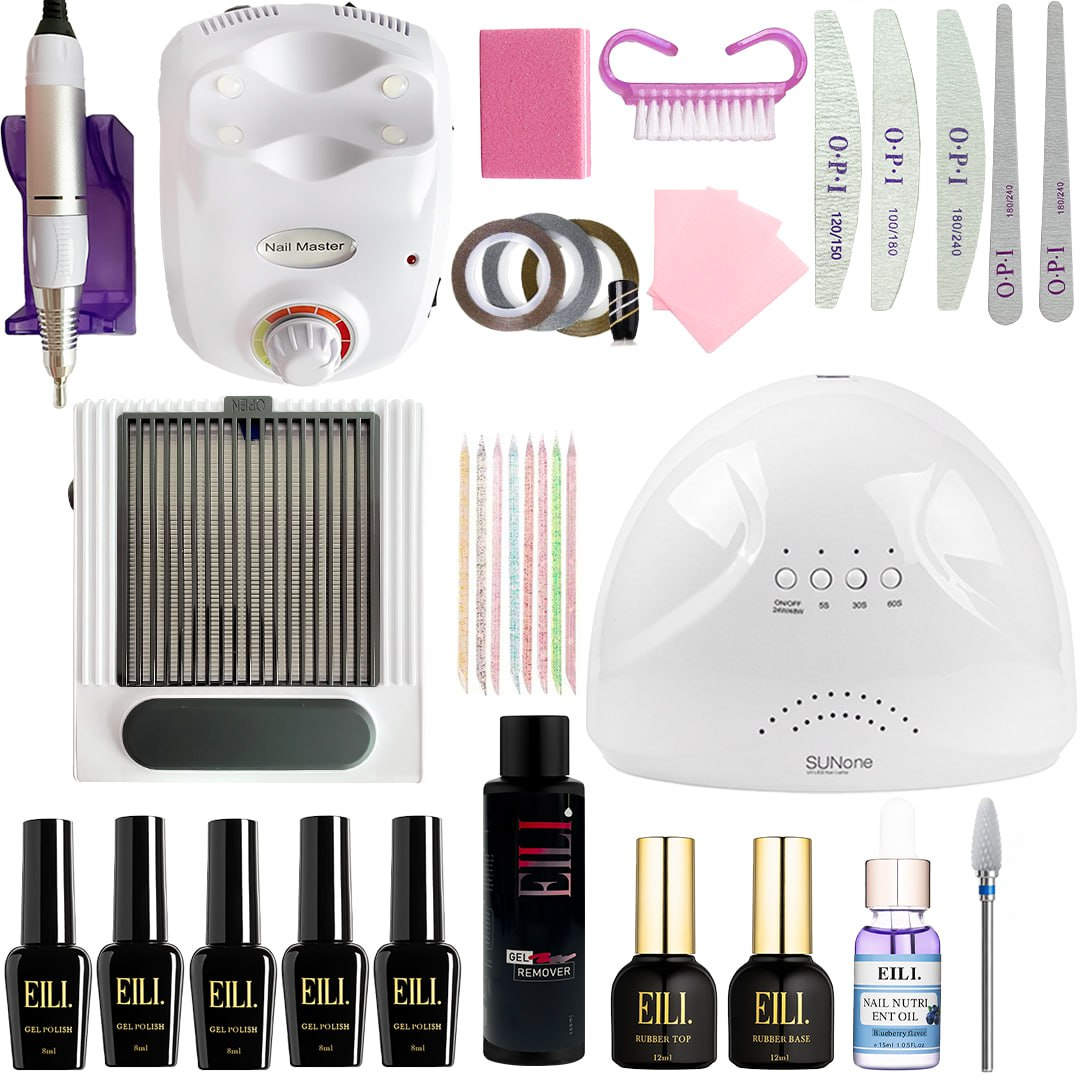 Стартовый набор для маникюра и педикюра с фрезером/вытяжкой/лампой/гель-лаками и расходниками (NEM-23)