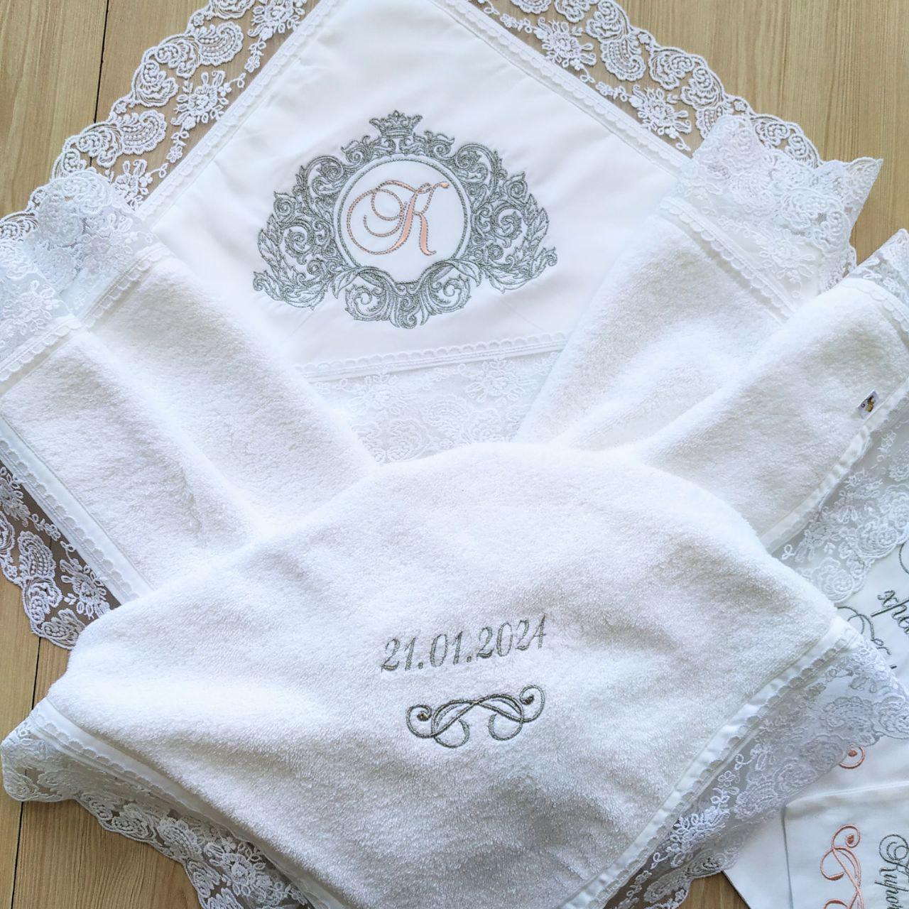 Набор для крещения именной Барокко с монограммой махровая крыжма/мешочки для локона и хранения (2172836944)