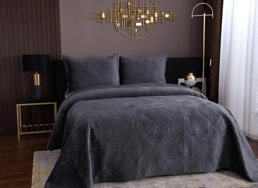 Покрывало на кровать с наволочками евро 210х230/50х70 см Графитовый (Д-vik-velur-pokruvalo-001) - фото 3