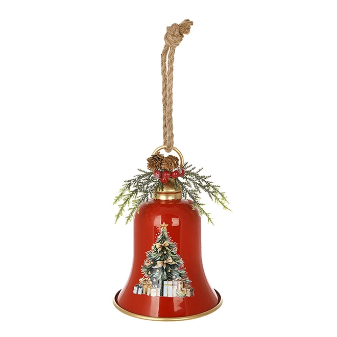 Металева підвіска Новорічний дзвінок з червоним декором 15 см (11192)