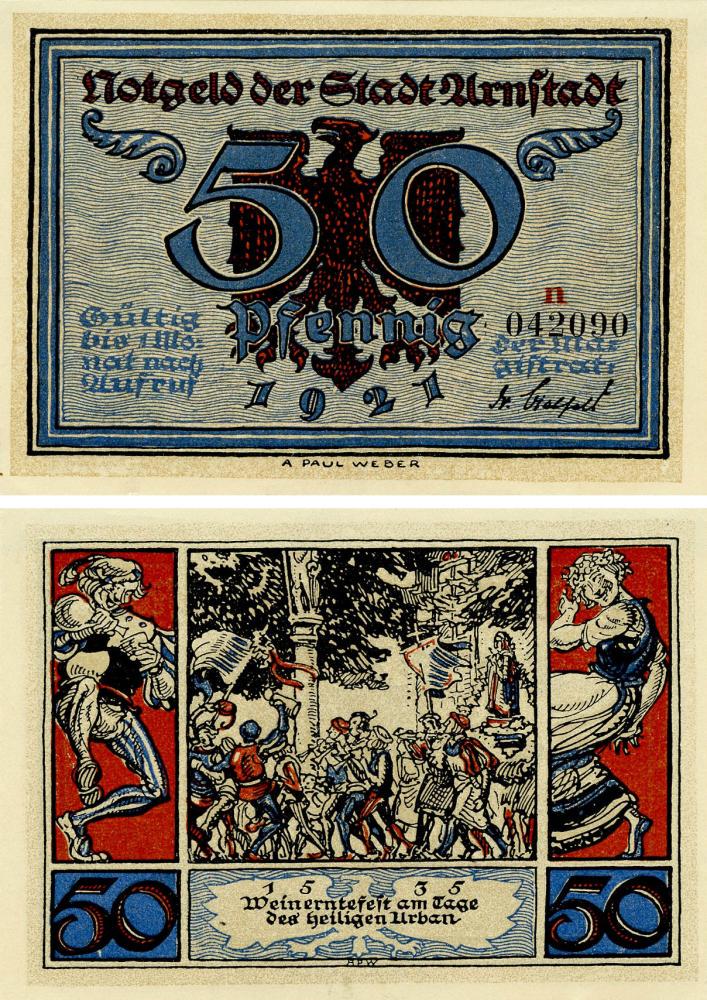 Коллекционная банкнота Германия Нотгельд 50 пфеннигов 1921 F-VF Арнштадт. Праздник урожая вина (Б16204)