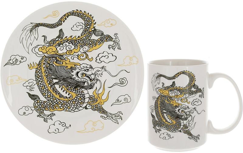 Набор чайный фарфоровый Дракон на белой кружке 500 мл/тарелка Ø20 см (BD-K022)