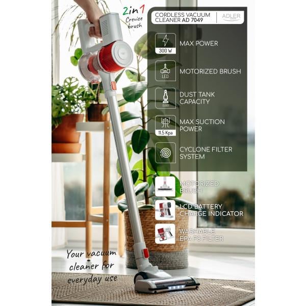 Пылесос беспроводной пылесос Adler AD 7051 LCD дисплей/щетка/со светодиодной подсветкой 300W 0,6 л White (AD7051) - фото 7 Пылесос беспроводной пылесос Adler AD 7051 LCD дисплей/щетка/со светодиодной подсветкой 300W 0,6 л White (AD7051) - фото 7