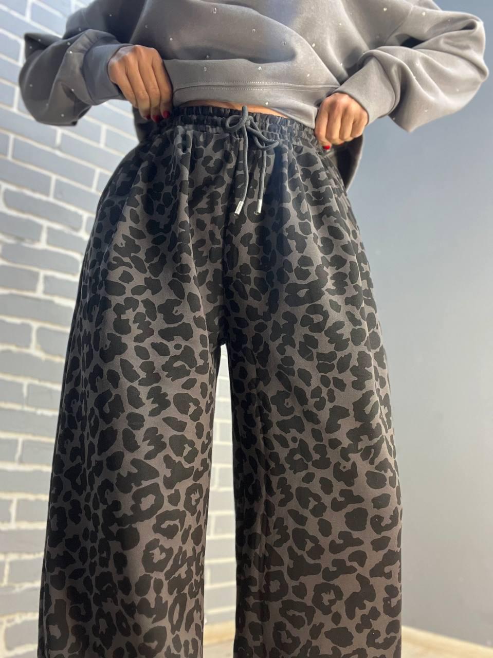 Брюки женские A-N 2630 палаццо леопардовый принт резинка на талии шнурок широкие L Серый (2968) - фото 8 Брюки женские A-N 2630 палаццо леопардовый принт резинка на талии шнурок широкие L Серый (2968) - фото 8