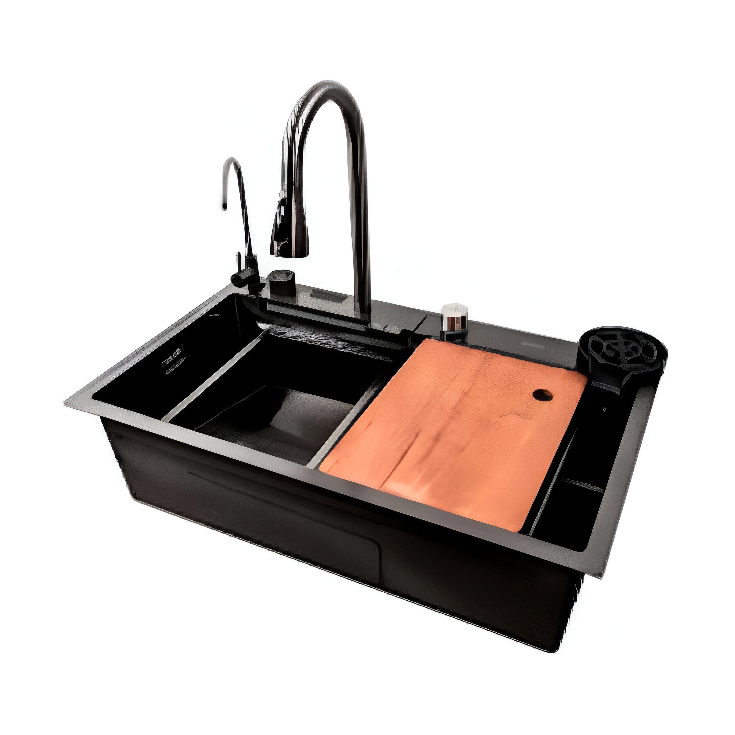 Мойка для кухни врезная Kraft Handmade 750x460 мм прямоугольная Черный (PUD-HM7546-WF2-BD)