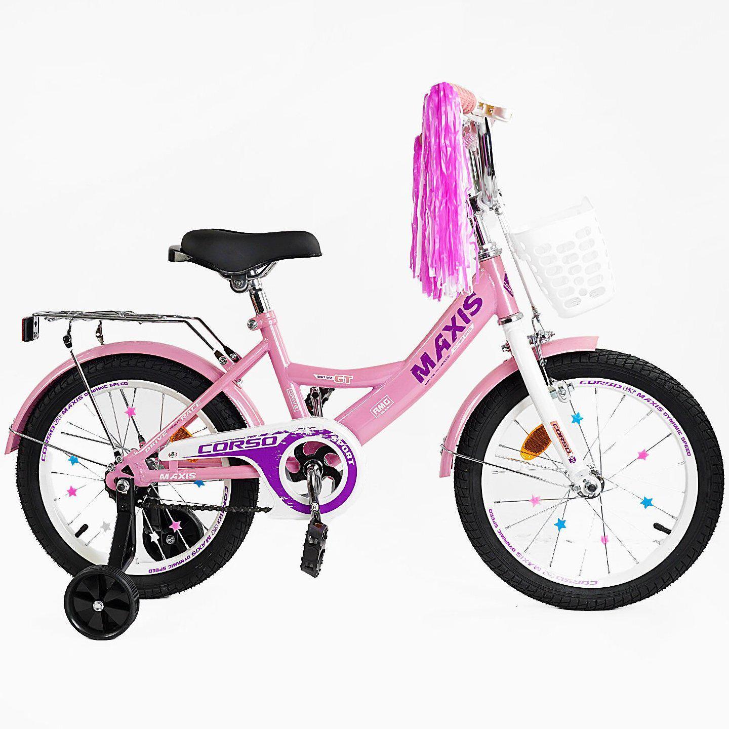 Велосипед двухколесный Corso MAXIS 16" для девочки с корзиной и багажником Розовый - фото 2 Велосипед двухколесный Corso MAXIS 16" для девочки с корзиной и багажником Розовый - фото 2