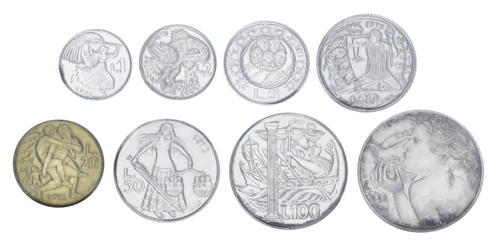 Набор коллекционных монет Сан-Марино 1973 UNC 1/2/5/10/20/50/100/500 лир серебро 8 шт. (27646464)