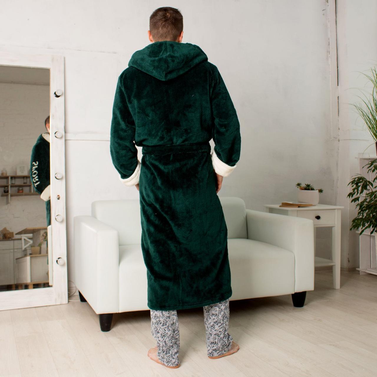 Халат мужской махровый с белым воротником с капюшоном М Зеленый (48) - фото 3 Халат мужской махровый с белым воротником с капюшоном М Зеленый (48) - фото 3