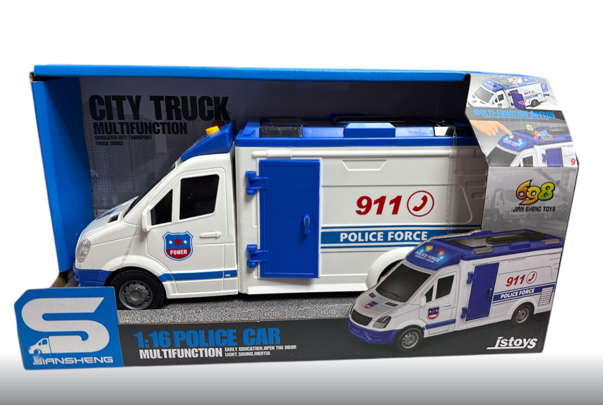 Машина JS 126 A Поліція масштаб 11:6 тематичні сигнали підсвічування інерція відкривається дах та двері в коробці