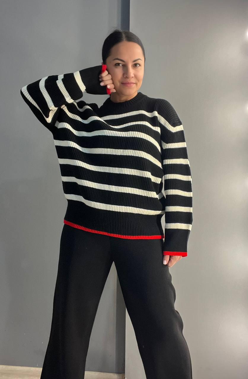 Светр жіночий MIX RAY 6635 смужка подовжений вільний крій OS Чорний (1041) - фото 5