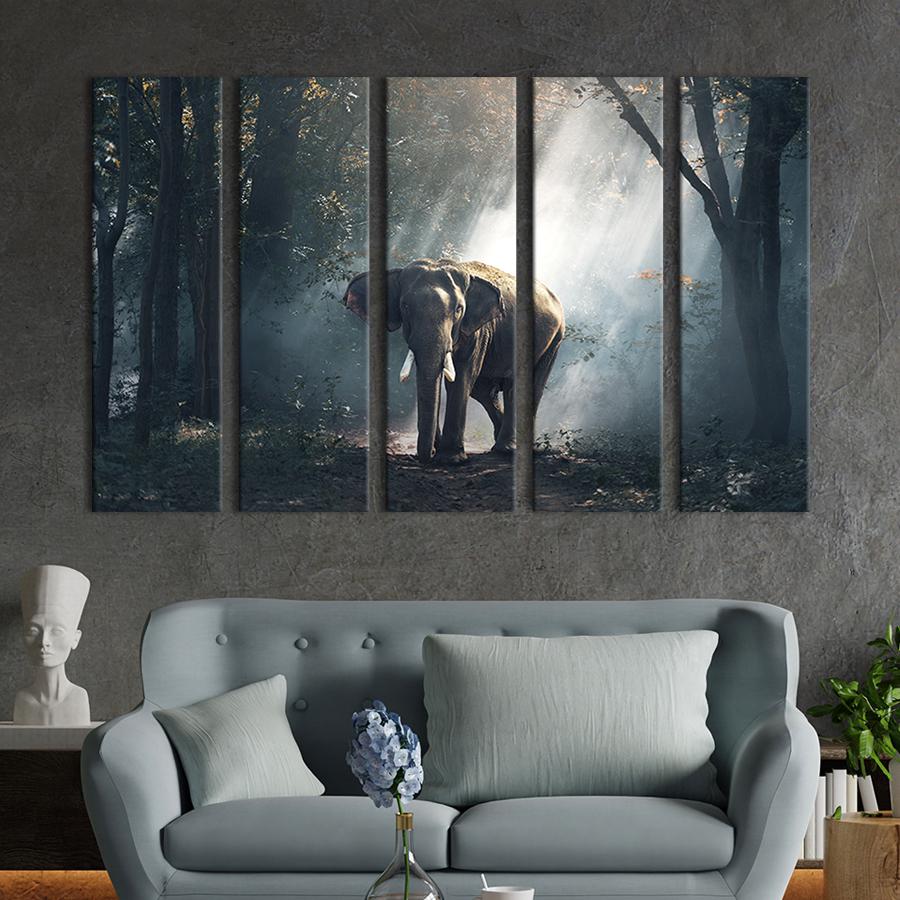 Модульна картина із 5 частин на холсті інтер'єрна картина Самотній слон у лісі 87x50 см (198-51)
