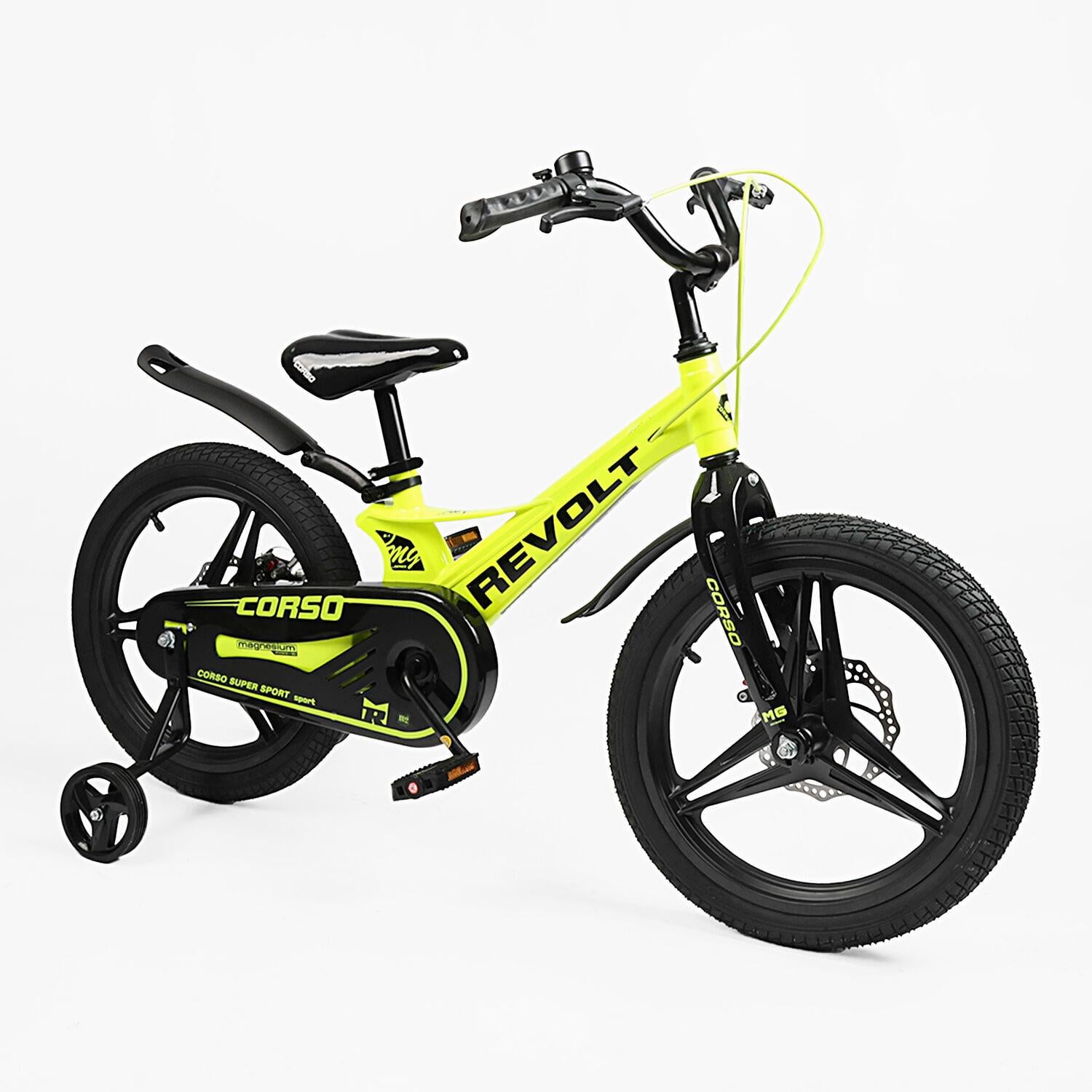 Детский велосипед Corso Revolt двухколесный 18" с дополнительными колесами Желтый (RV-18066)