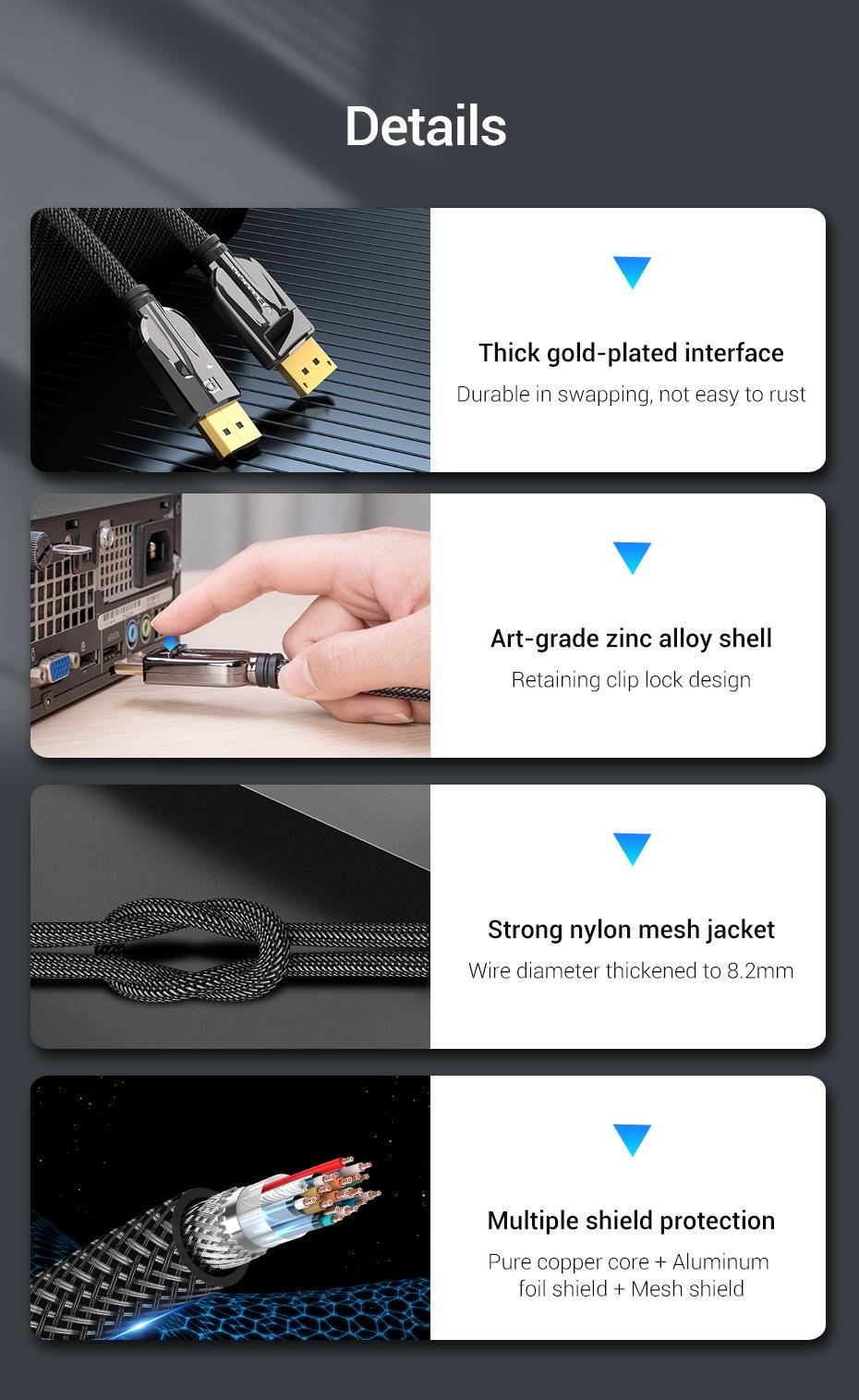 Кабель Vention DisplayPort 1.4 8K 60Hz 4K 144Hz 1080p 240Hz 32.4 Гбіт/с DP Dynamic HDR G-Sync Free Sync 1,5 м Чорний (HCABG) - фото 13