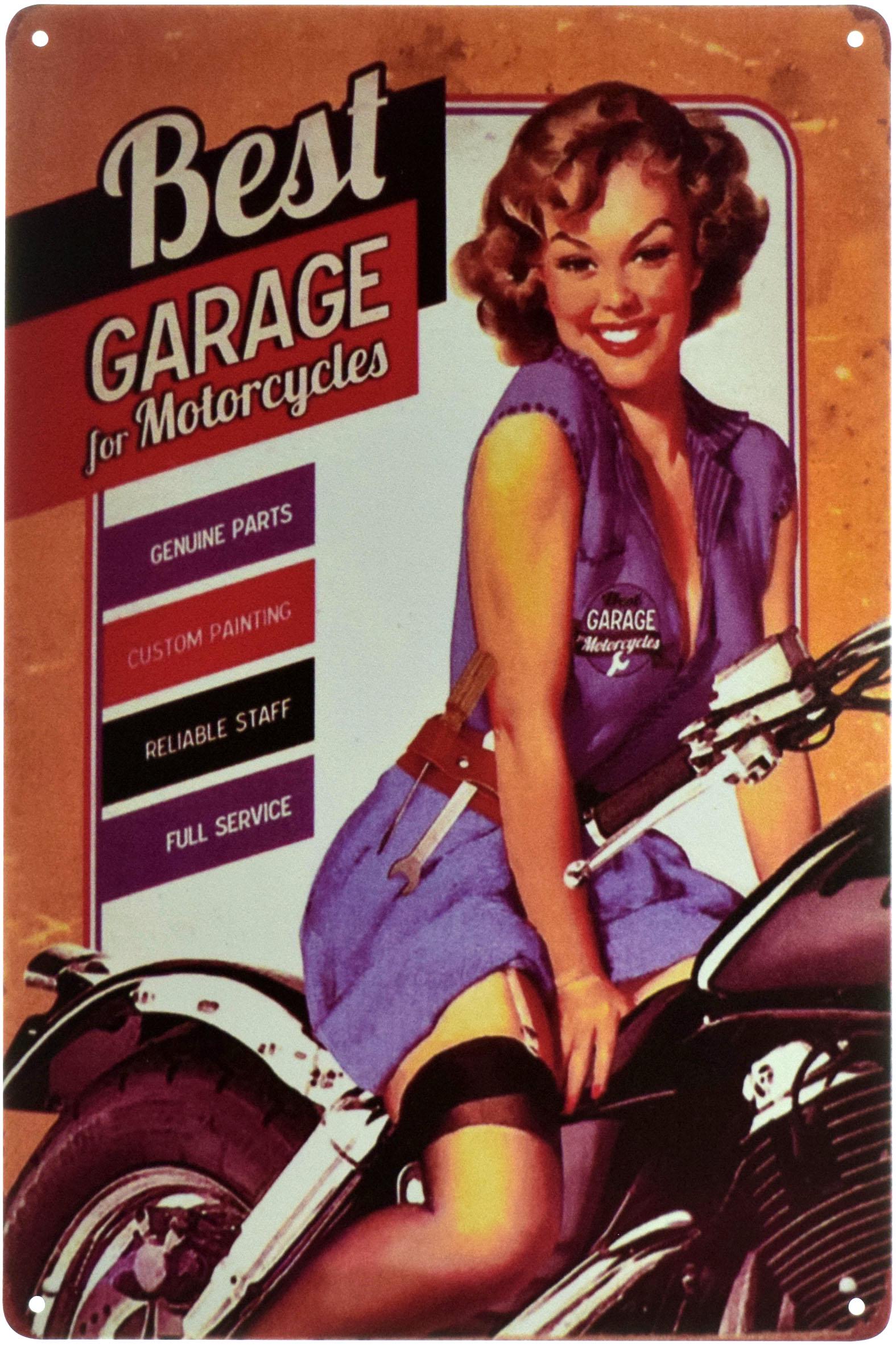 Табличка металлическая Лучший Гараж Для Мотоциклов/Best Garage for Motorcycles Pin Up 20x30 см