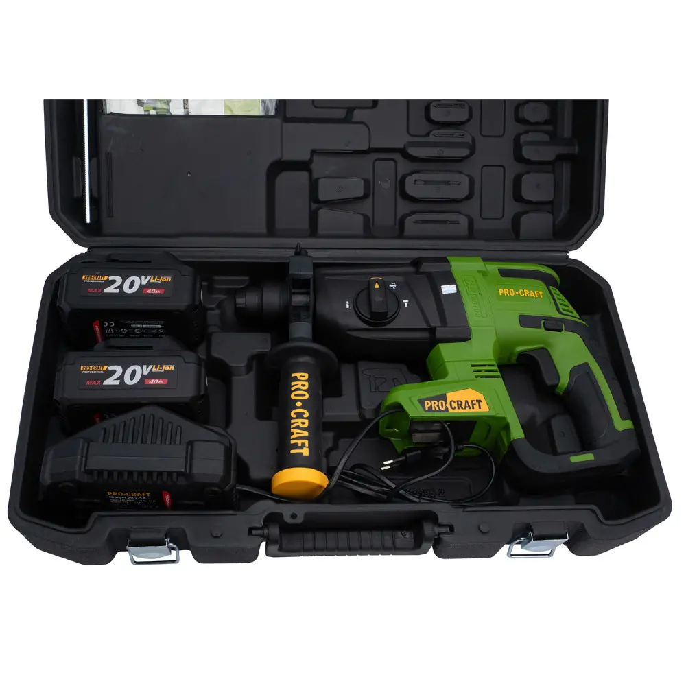 Перфоратор акумуляторний безщітковий ProCraft PHA40 з 2 акумуляторами Li-ion та із зарядним пристроєм з кейсом - фото 12 Перфоратор акумуляторний безщітковий ProCraft PHA40 з 2 акумуляторами Li-ion та із зарядним пристроєм з кейсом - фото 12