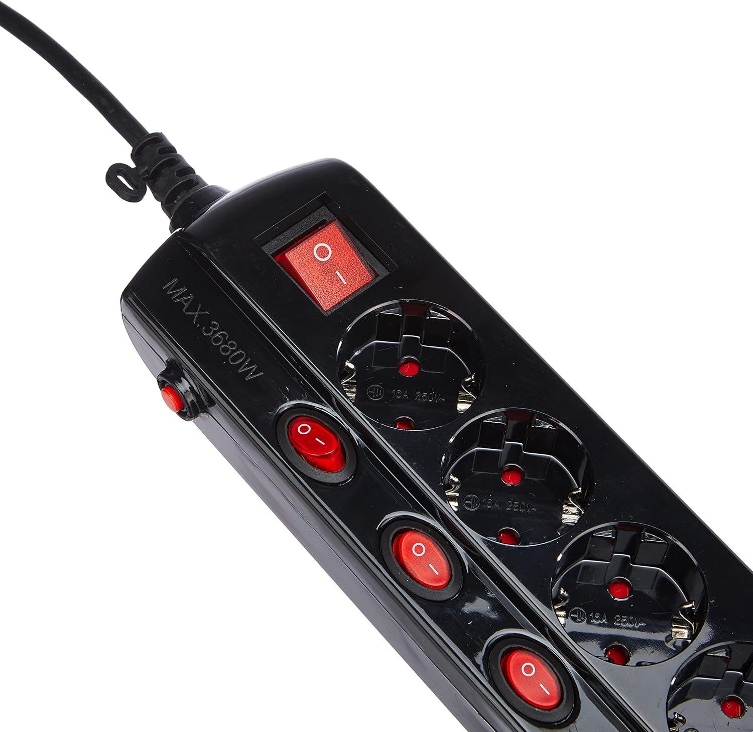 Подовжувач Electraline з захистом із заземленням 6 розеток 1,5 м 16A індивідуальні вимикачі 3х1 мм² Чорний - фото 3