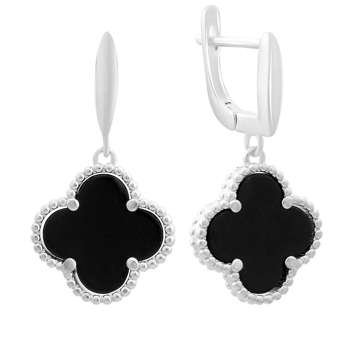 Сережки срібні з оніксом у формі конюшини Сережки срібні з оніксом у формі конюшини