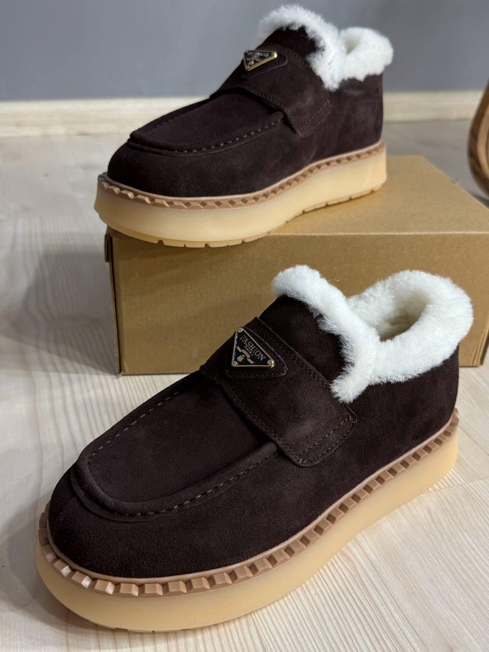 Ботинки женские Hengji 69-6 лоферы замшевые на меху р. 37 Коричневый (5558)