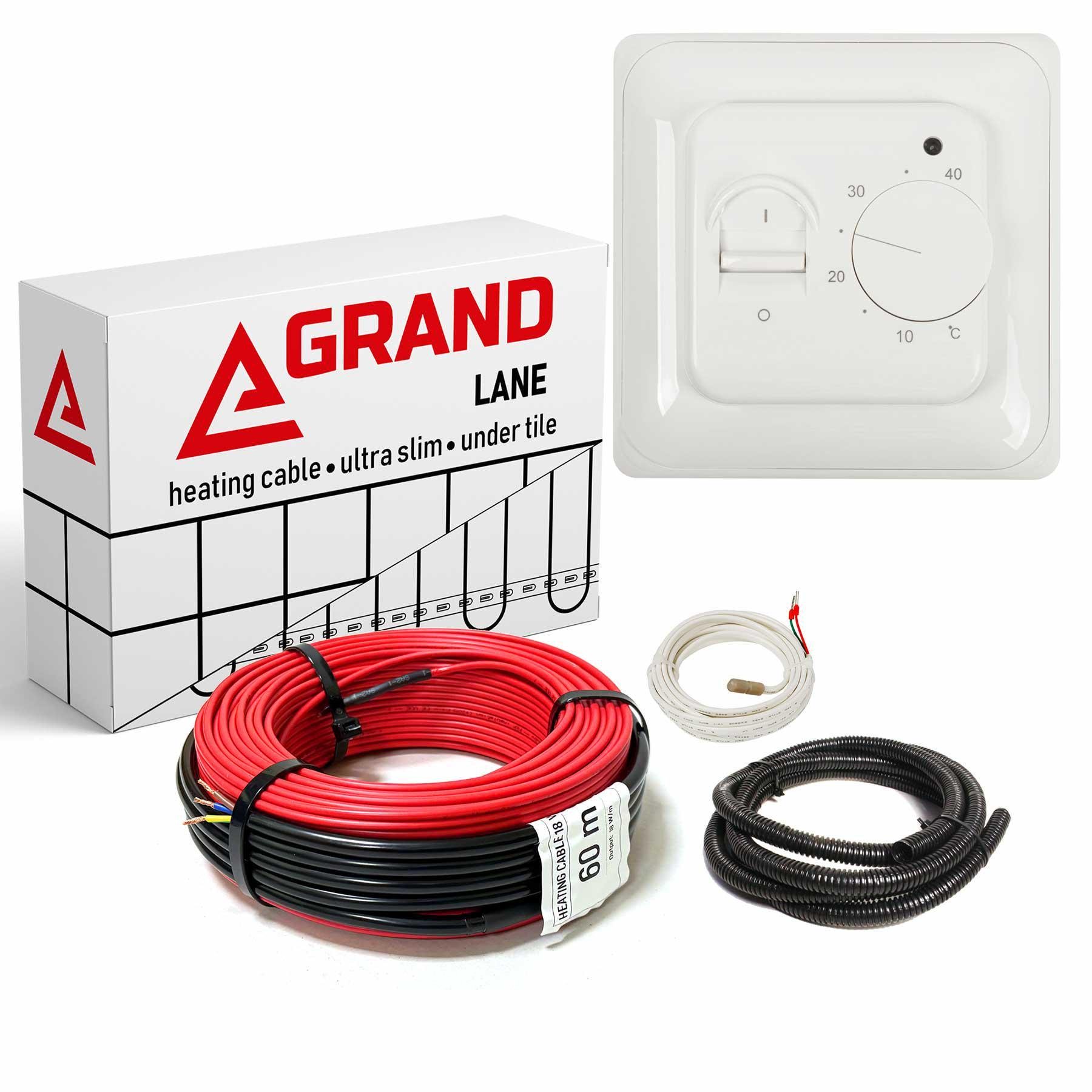Теплый пол Grand Lane 1,9 м2/270 Вт/15 м нагревательный кабель glc2715k1 под плитку 18 Вт/м и терморегулятор механический Белый