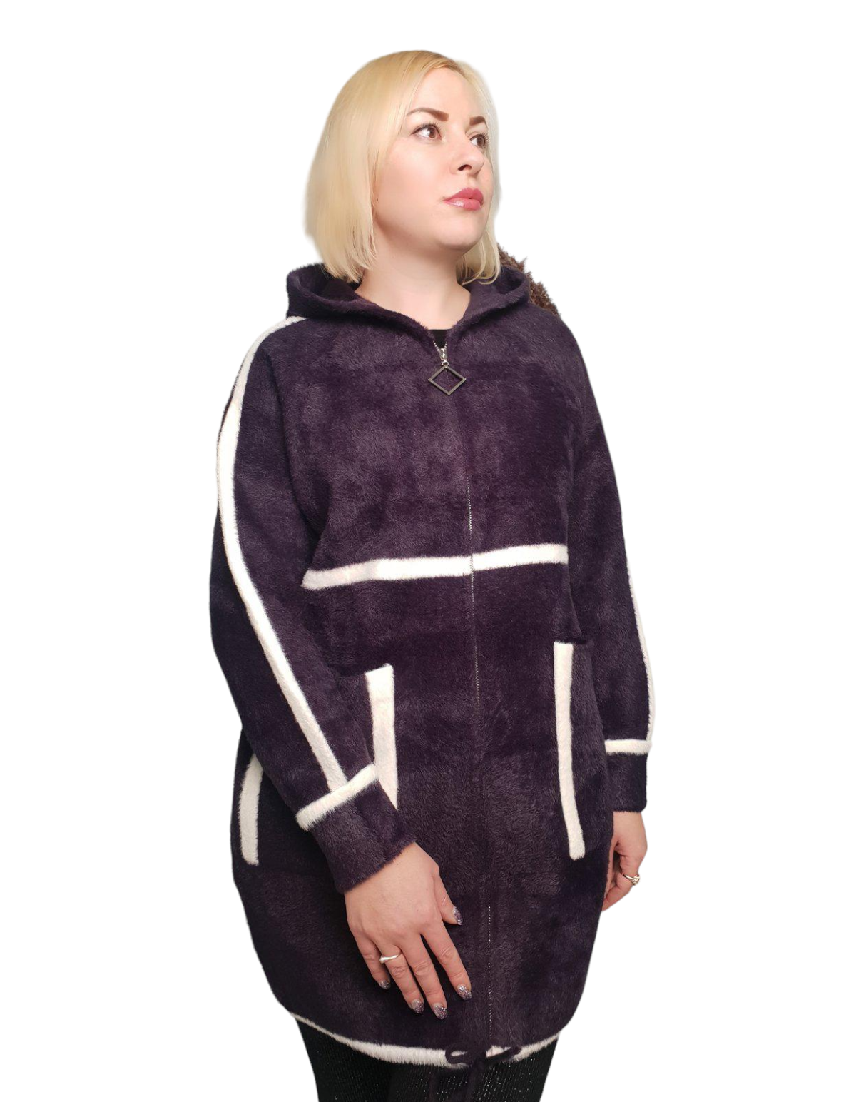 Пальто женское из шерсти альпака с капюшоном р. 50-54 Фиолетовый (0727-1)