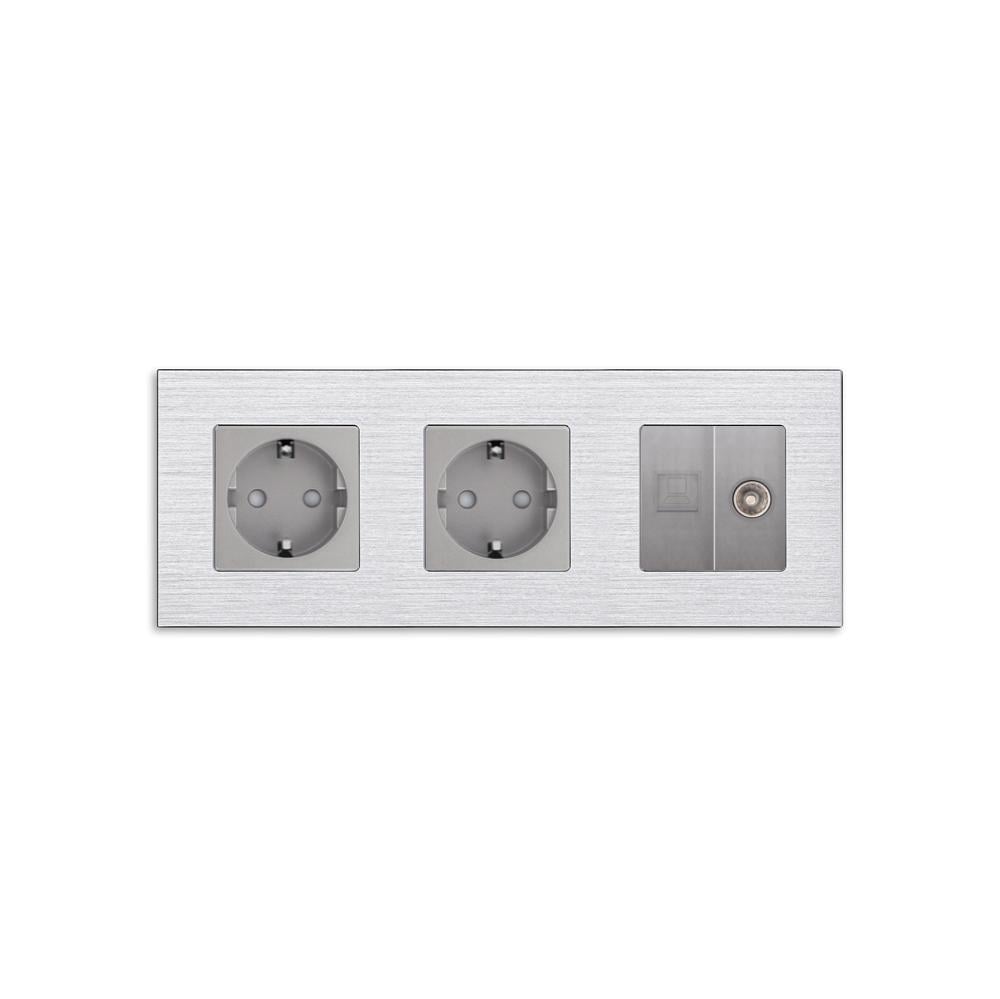 Розетка трехместная WALLPAD силовая/интернет RJ-45/ТВ настенная алюминиевая рамка Серый (WP-M3FCAT6PTY-GY)