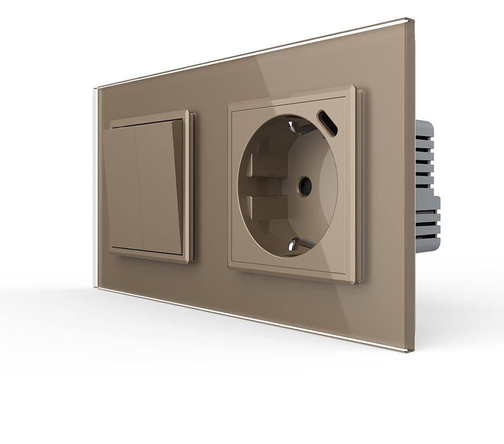 Выключатель двойной с розеткой Livolo USB Type-C 18Вт с заземлением стекло Золотой