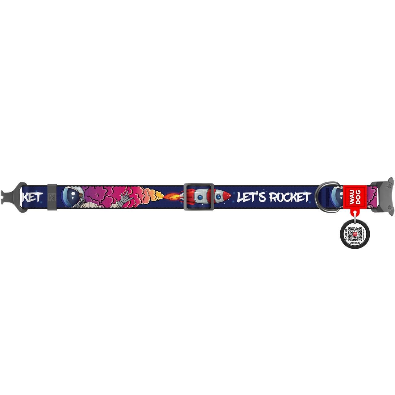 Нашийник для собак нейлоновий Waudog Nylon Космос/Ракета з QR паспортом/металева пряжка-фастекс 37-58 см 25 мм (4508-0125)