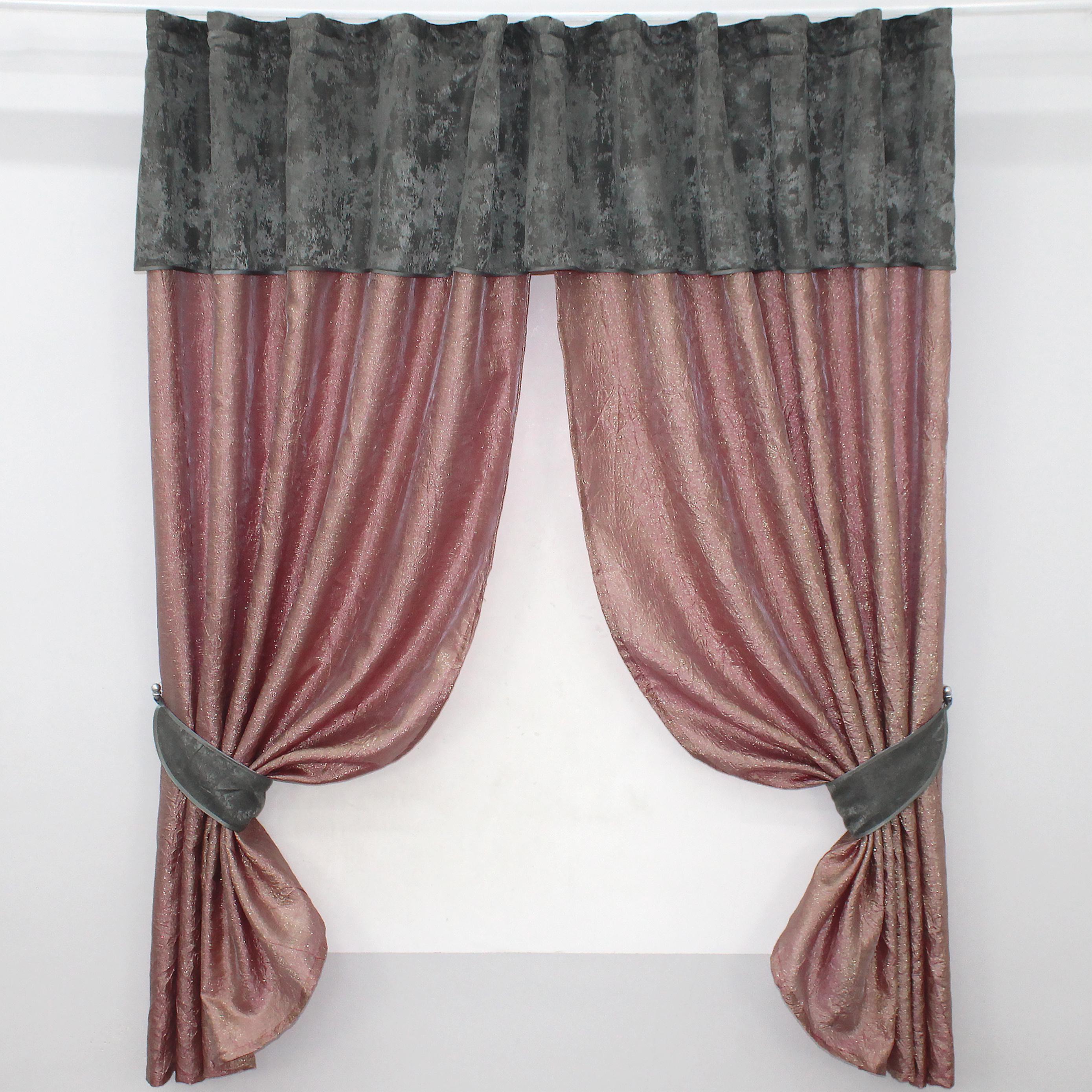 Шторы кухонные VR-Textil № 073к с ламбрекеном и подхватами 270х170 см Розовый/Золотистый/Серый (52-0365)