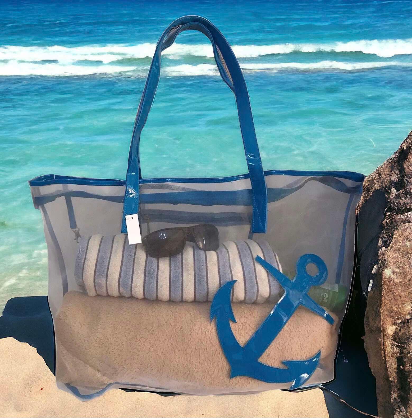 Сумка пляжная женская шопер синтетика сетка прозрачная на молнии Серый с синим (0366B)