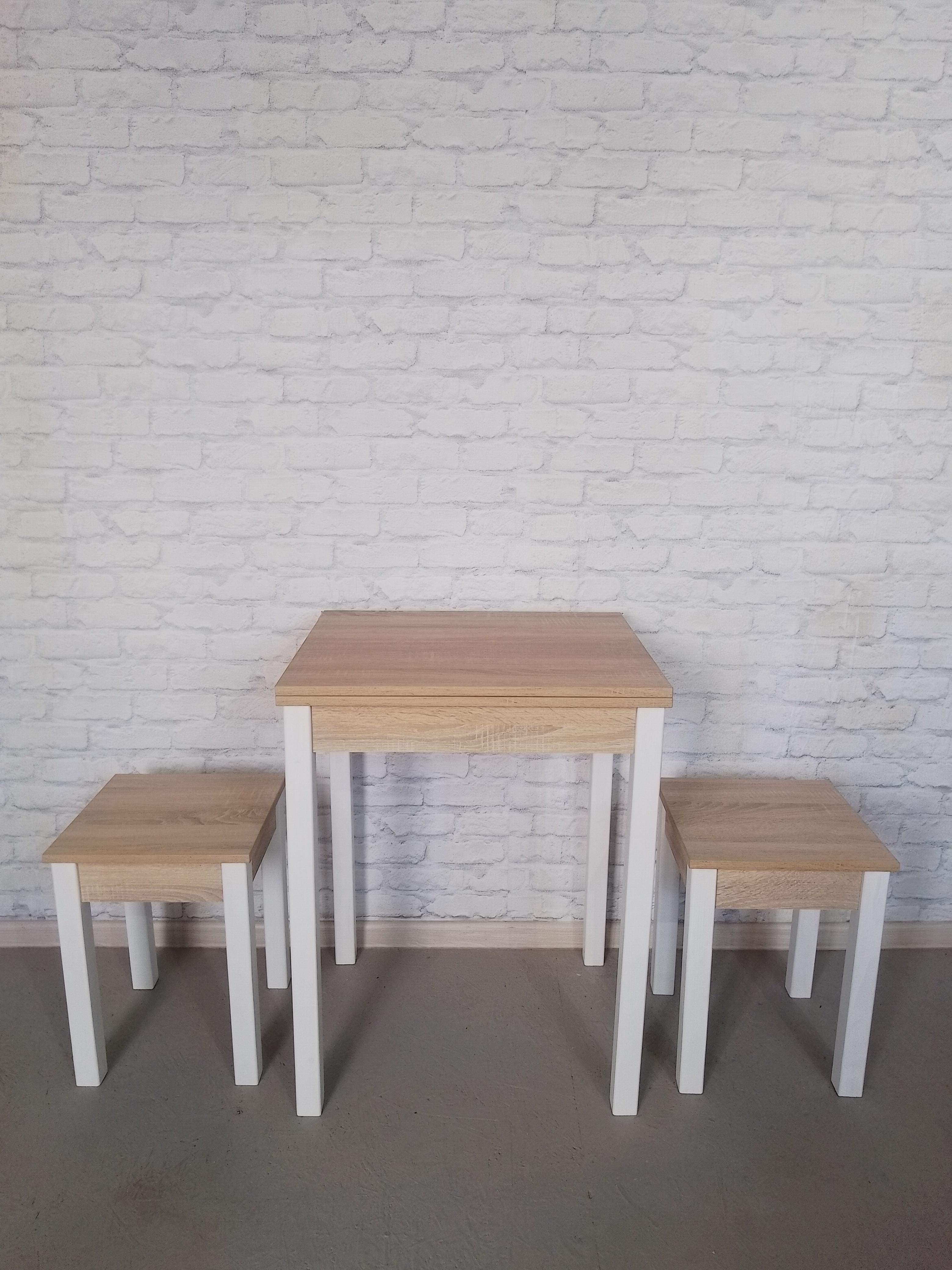 Обеденный стол и 2 табурета Смарт раскладной/ножки деревянные 60х50х75 см/34х34х45 см Дуб сонома/Белый (0022) - фото 2 Обеденный стол и 2 табурета Смарт раскладной/ножки деревянные 60х50х75 см/34х34х45 см Дуб сонома/Белый (0022) - фото 2