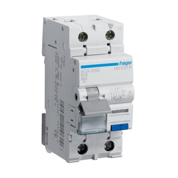 Дифавтомат Hager 2 полюса 6kA тип B 16A 10mA тип A ACA916D (74329)